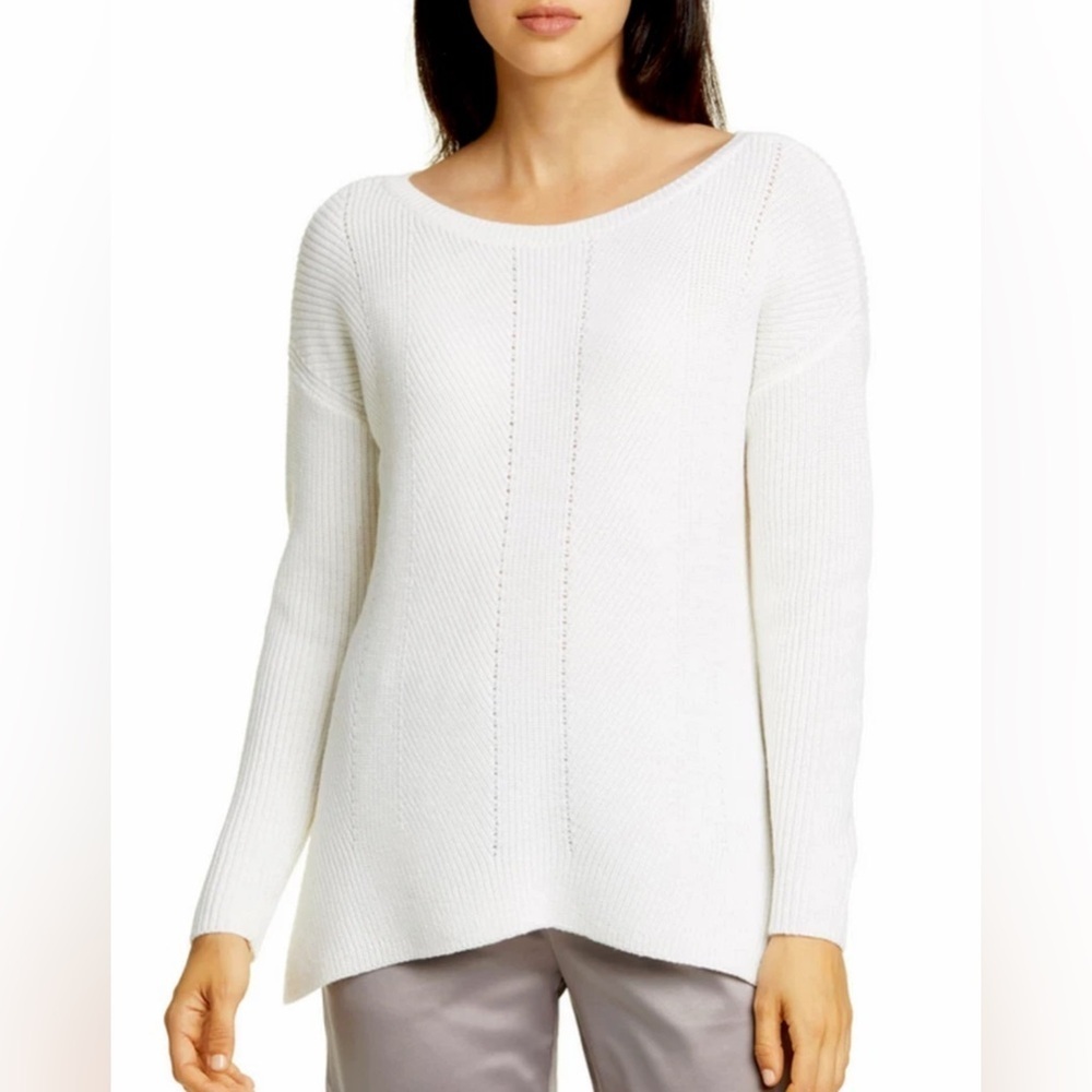 Eileen Fisher Bateau Neck Merino Wool Sweater in Cream EUC
